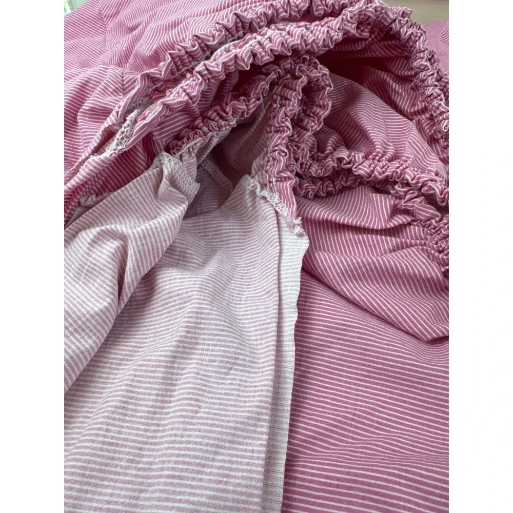 Ralph Lauren Pink White Ticking Stripe Fitted Sheet Full Double 100% Cotton USA